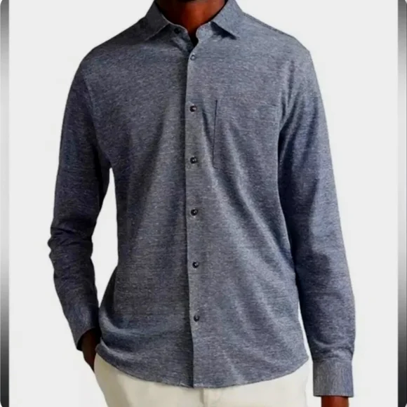 EUC -TED BAKER Men's Heathered Blue linen cotton knit Button Down Shirt - size 3 - Picture 3 of 9